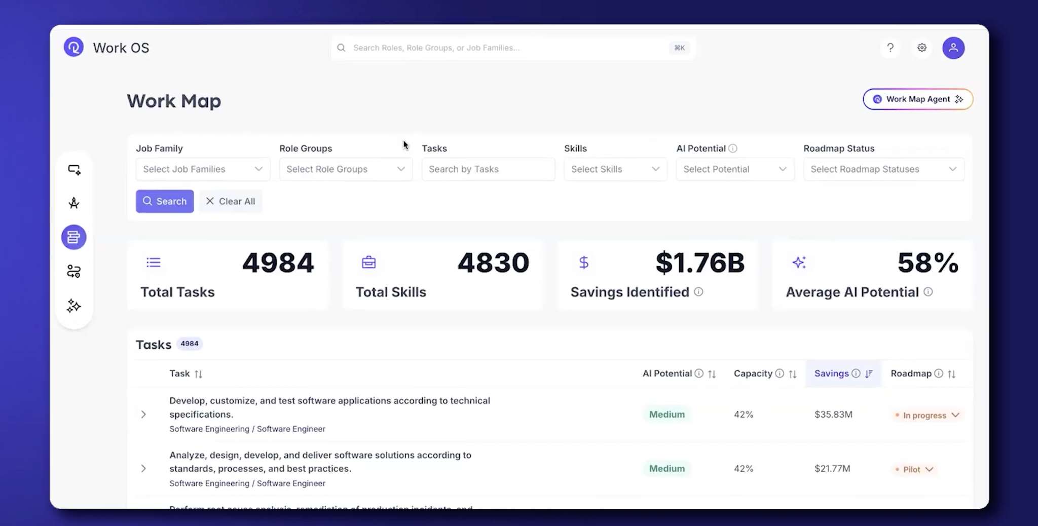 Reejig Work Intelligence Work Map view showing total tasks, skills, savings identified, and AI potential metrics.