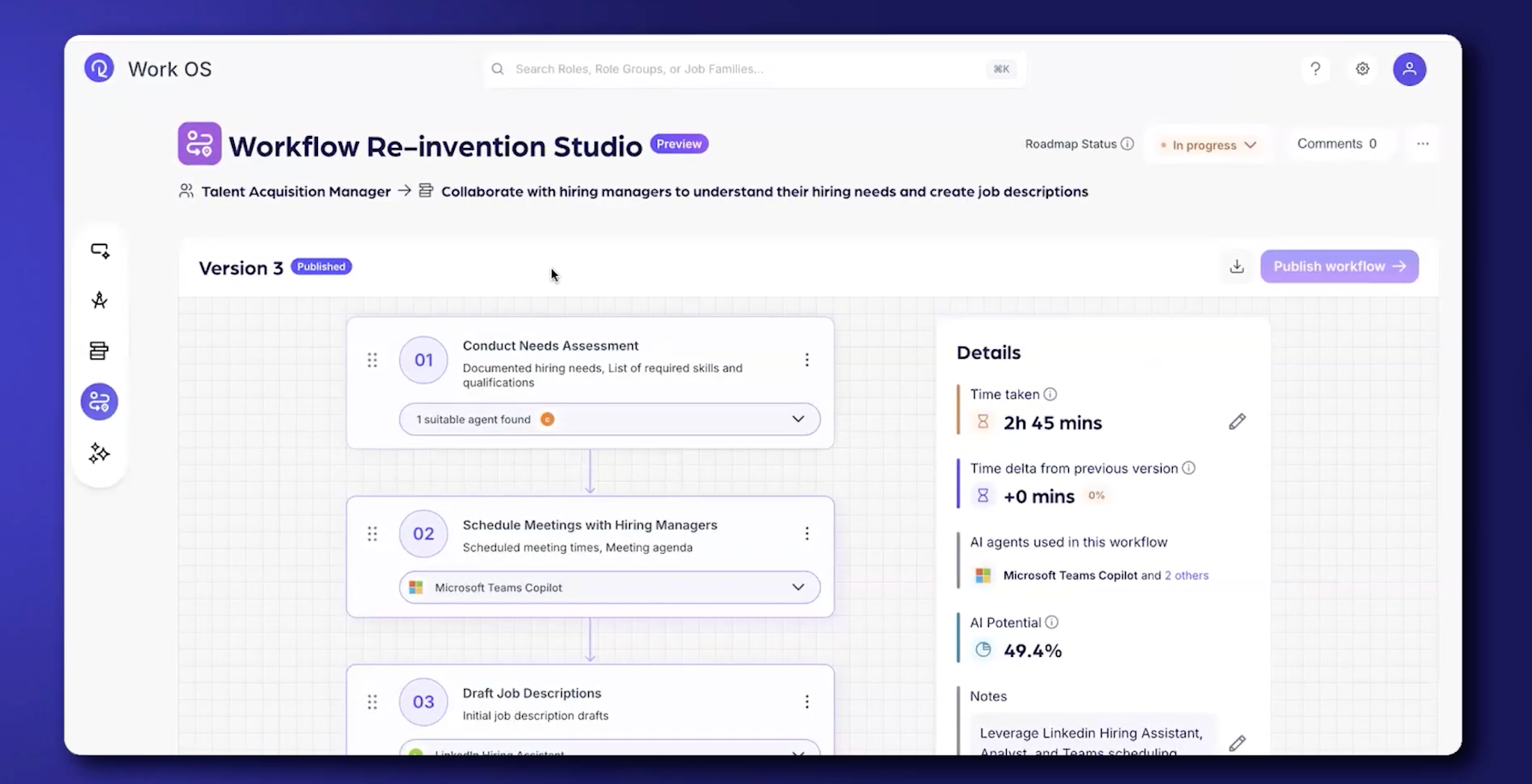 Reejig Builder Studio Workflow Re-invention Studio with AI agents assigned to workflow steps and AI potential details.