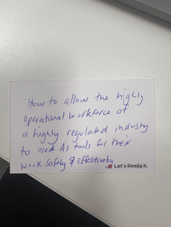 Handwritten attendee question about finding the right pace for AI transformation.